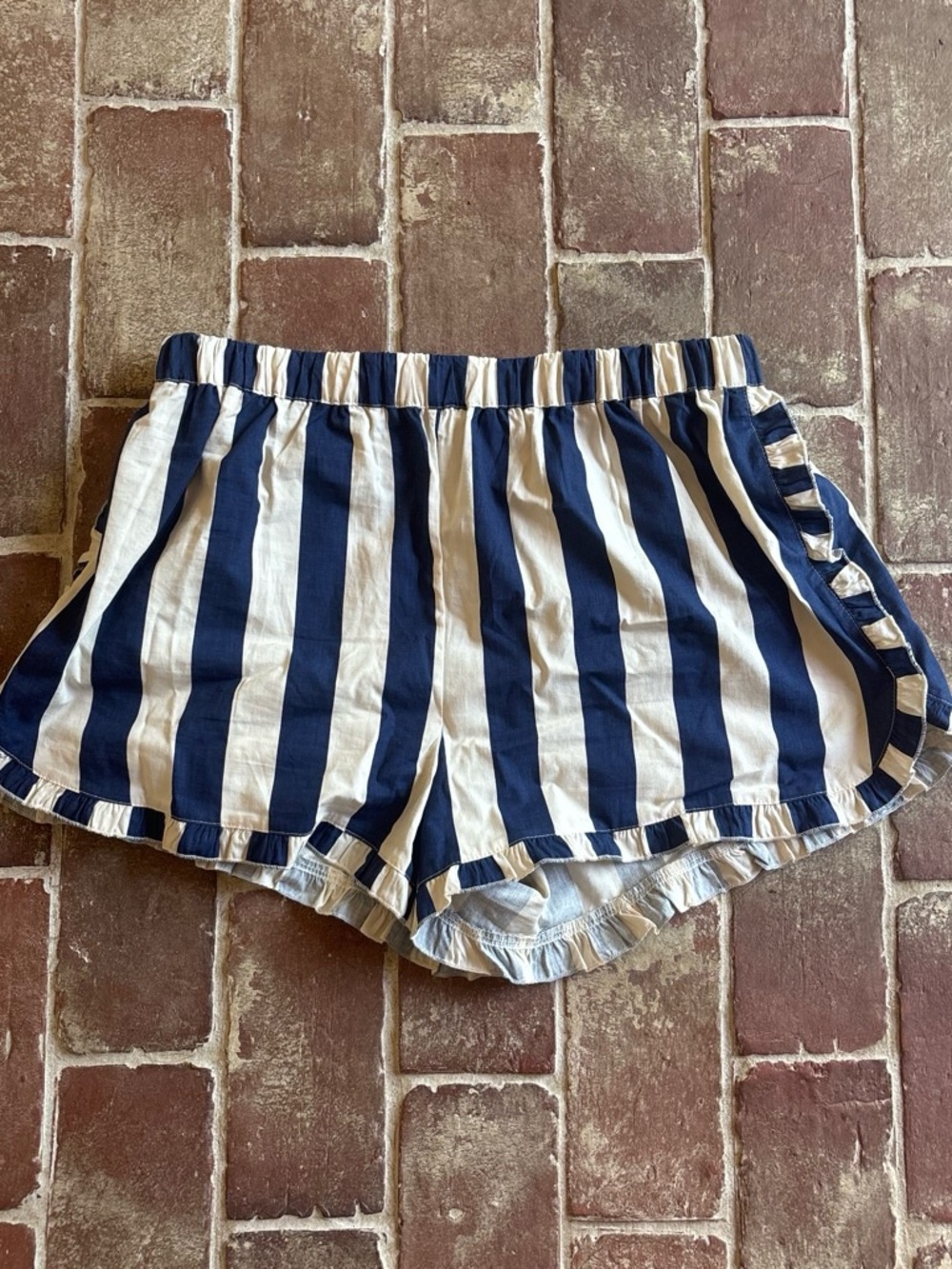 Vanilla Waves (Wishlist) Navy, White, and Red Striped Ruffle Hem Shorts